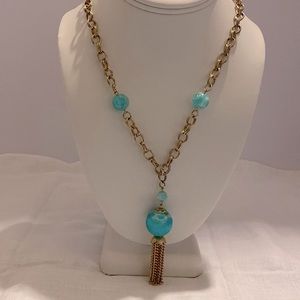 Gold Tone Necklace w/ Blue Beads